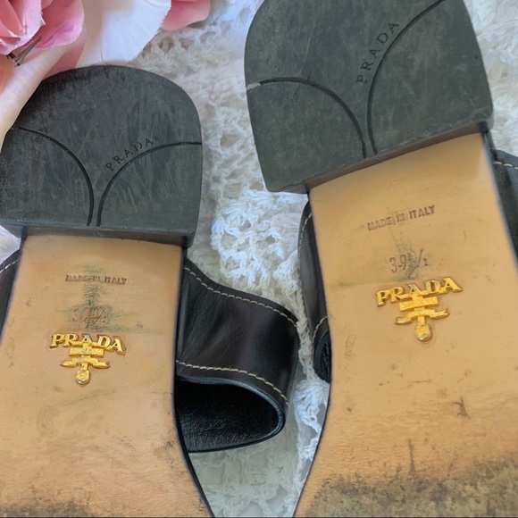 VINTAGE BLACK PRADA SLIP ON SLIDES LEATHER SANDALS WITH SILVER BUCKLE - Picture 4 of 16